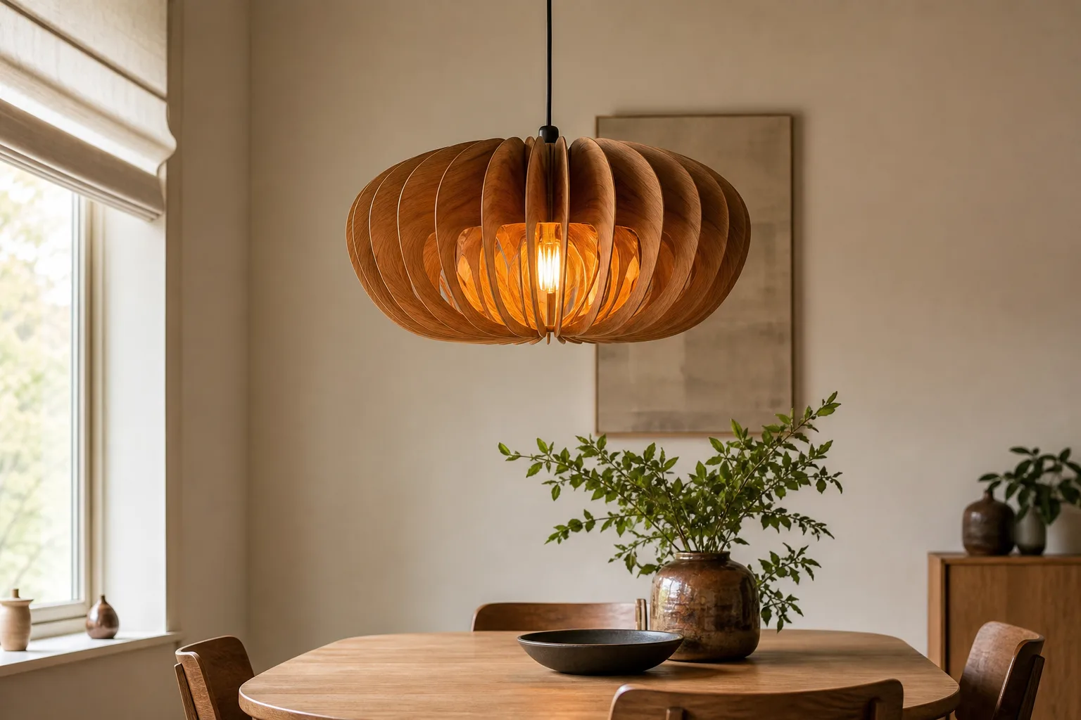 Suspension en bois aux courbes ouvertes éclairant une table de salle à manger dans un intérieur aux tons naturels.
