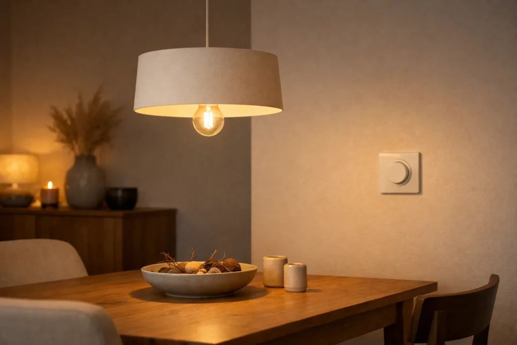 Suspension allumée au-dessus d’une table, avec une ampoule LED visible sous son abat-jour.