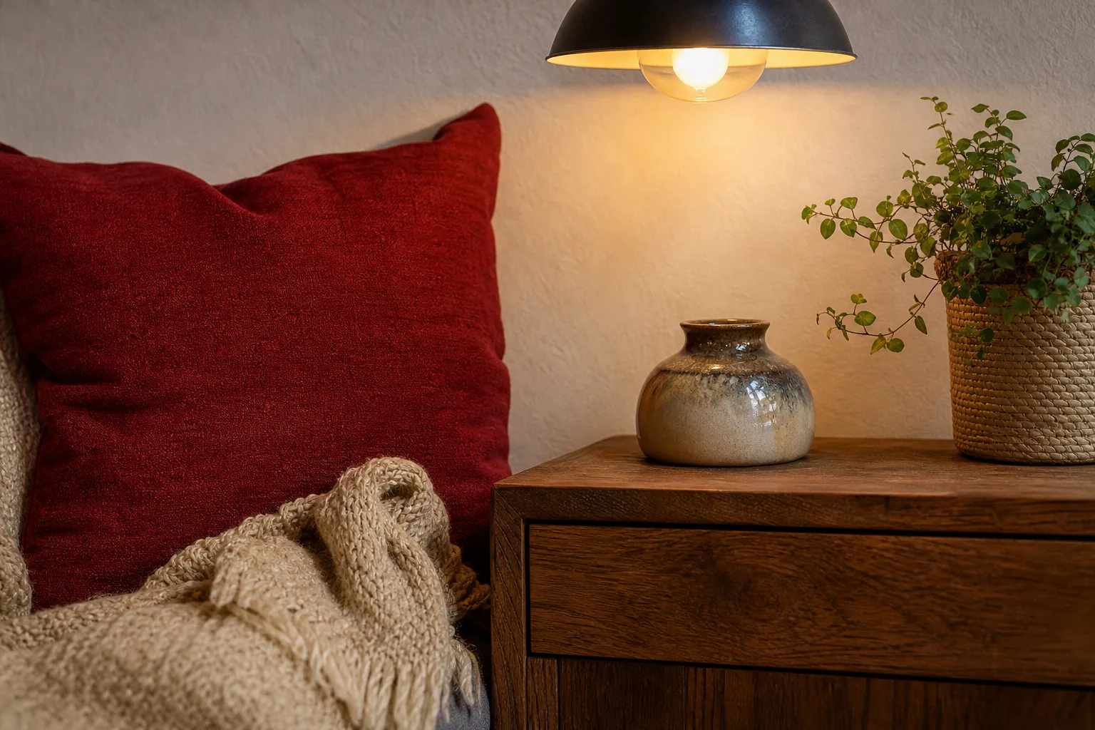 Coussin rouge, plaid beige, céramique émaillée et meuble en bois sous une suspension allumée.