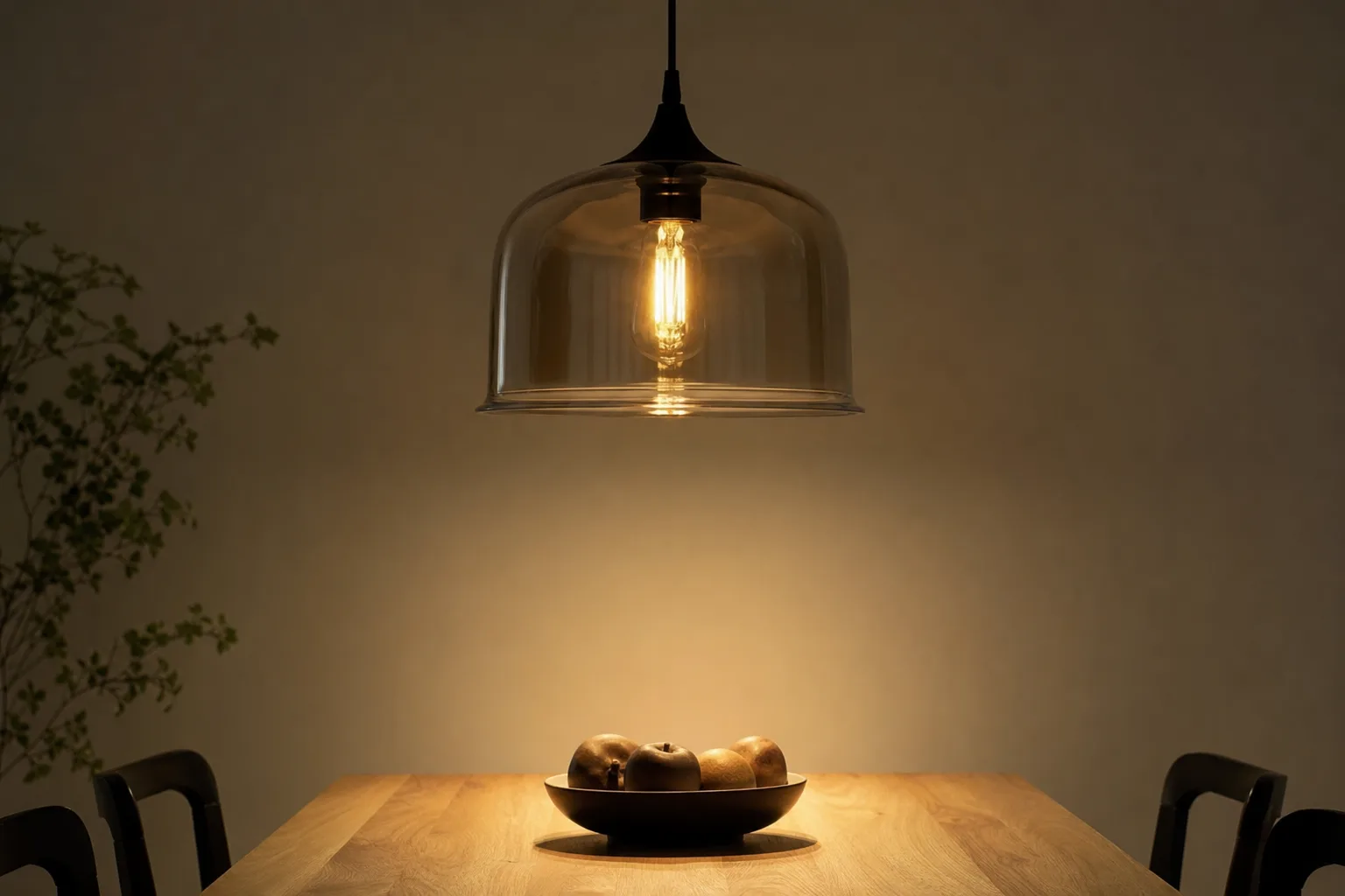 Suspension en verre teinté diffusant un halo sur une table, avec un mur voisin moins éclairé.