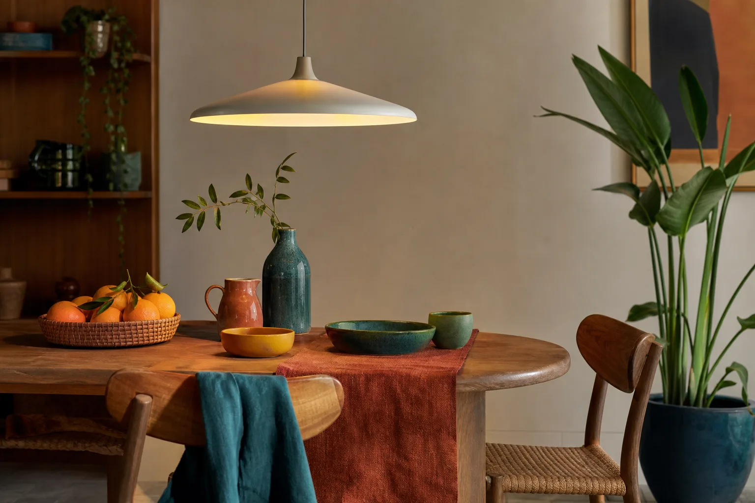 Suspension allumée au-dessus d’une table en bois garnie de fruits, de céramiques et de textiles colorés.