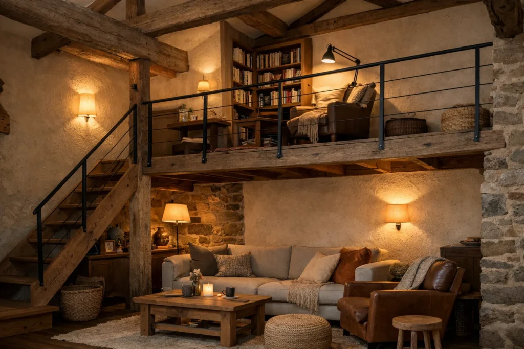 Un coin salon éclairé par une applique sous une mezzanine, avec un espace de lecture lumineux à l’étage.